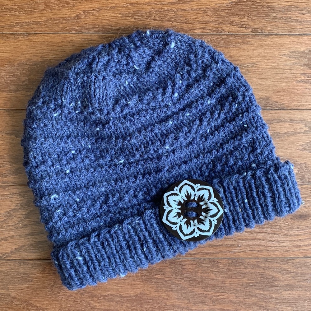 Boho Beanie Knit Hat in Purple & Blue with Wooden Flower Y2K Hippie 90s